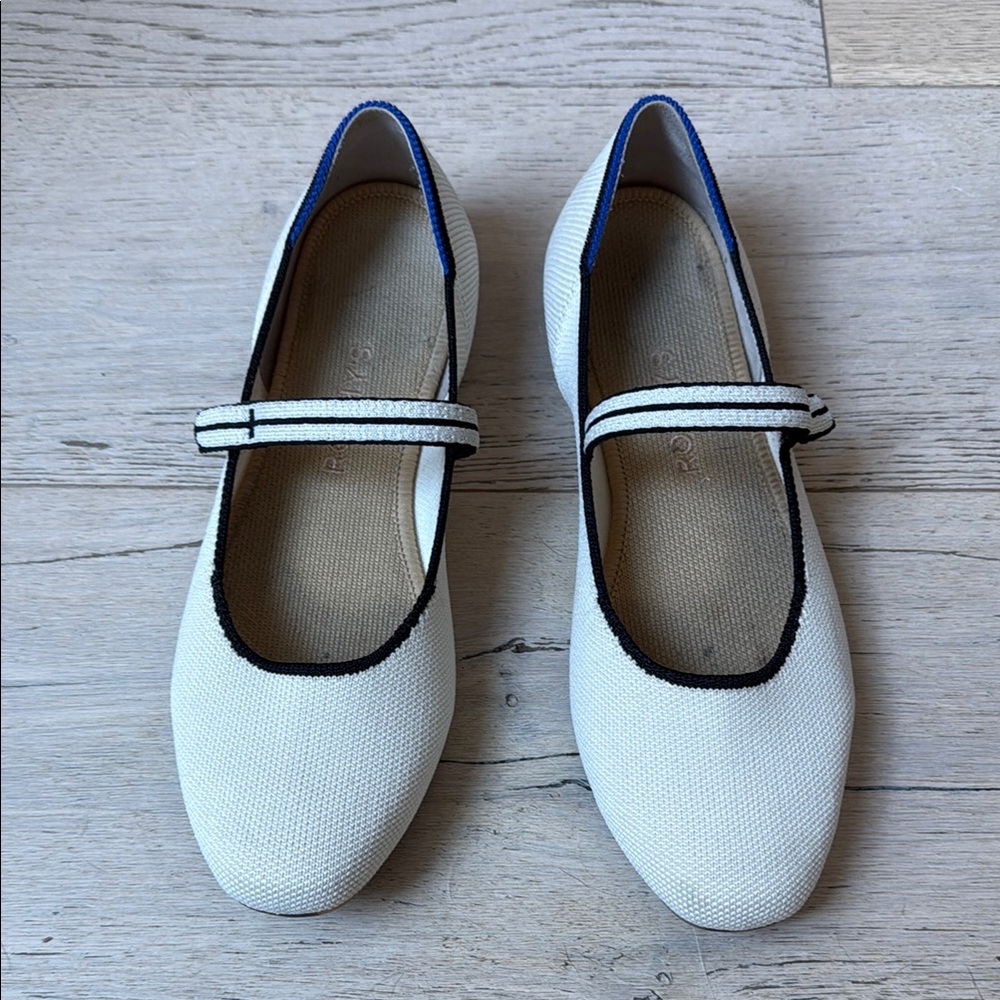 Rothy's White and Black Flats with Classic Mary Jane Design